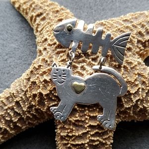 Mexico Sterling & Brass Cat with Fish Pin